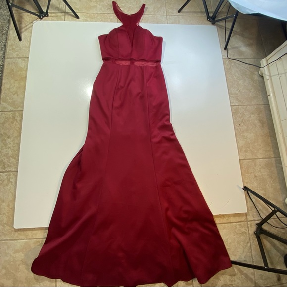 May Queen CoutureUSA Maroon MeshPanels Sleeveless High Neck Maxi Formal Dress 10 - Picture 5 of 16